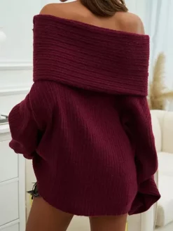 Pullovers For Women Burgundy Bateau Neck Long Sleeves Acrylic Sweaters