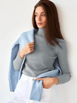 Pullovers For Women Khaki High Collar Long Sleeves Acrylic Sweaters