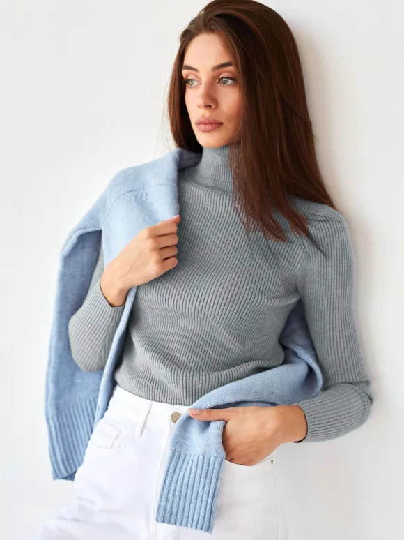 Pullovers For Women Khaki High Collar Long Sleeves Acrylic Sweaters