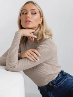 Pullovers For Women Khaki High Collar Long Sleeves Acrylic Sweaters