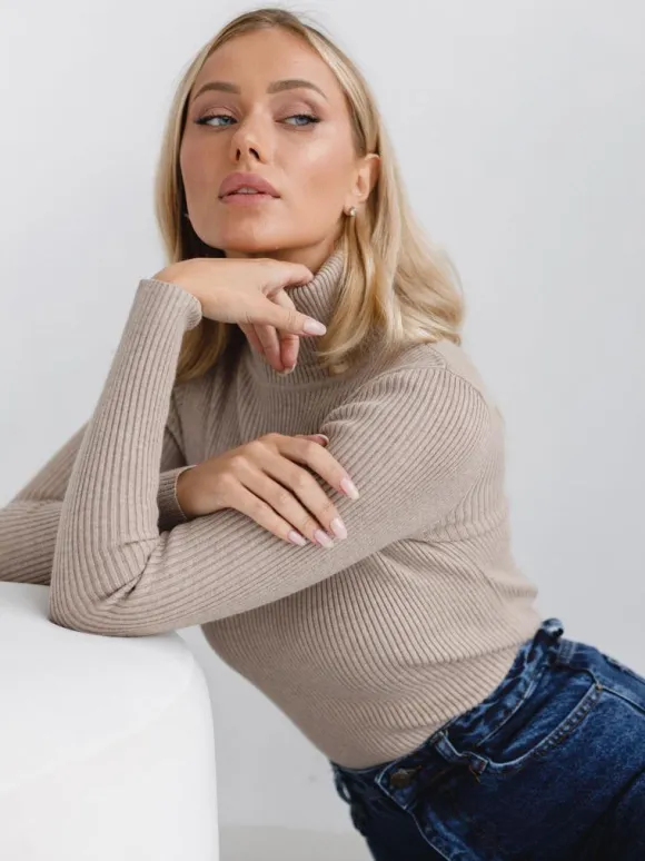 Pullovers For Women Khaki High Collar Long Sleeves Acrylic Sweaters