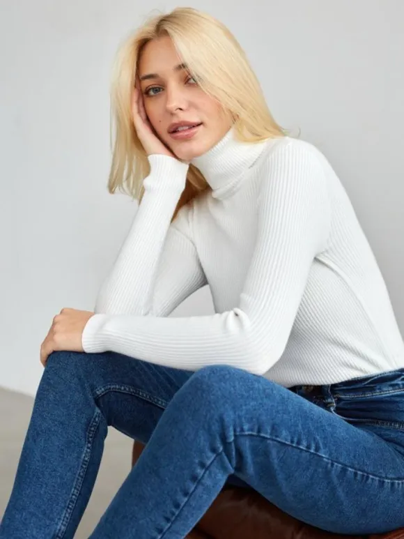Pullovers For Women Khaki High Collar Long Sleeves Acrylic Sweaters
