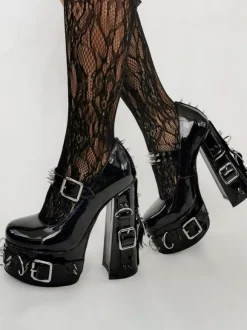 Punk Style High Heels Unisex Black Bukle Detail Rivets High Heels