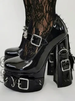 Punk Style High Heels Unisex Black Bukle Detail Rivets High Heels