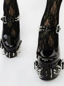 Punk Style High Heels Unisex Black Bukle Detail Rivets High Heels
