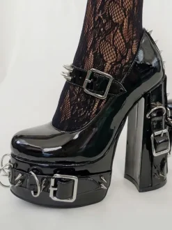 Punk Style High Heels Unisex Black Bukle Detail Rivets High Heels