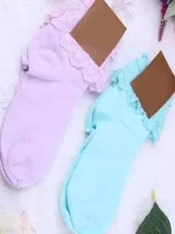 Pure Blue Cotton Blend Lace Trim Lolita Socks