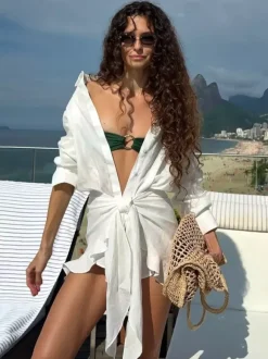 Pure Cotton Shirt Dress For Women - Resort Wrap Tie Front 2 Piece Set - Summer Beach Vacation 2026