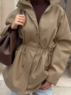 Pure Cotton Utility Jacket For Women - French Chic Drawstring Slim Fit Windbreaker - Spring Casual Outerwear 2026