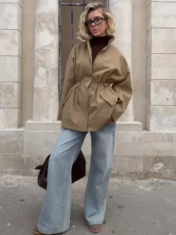 Pure Cotton Utility Jacket For Women - French Chic Drawstring Slim Fit Windbreaker - Spring Casual Outerwear 2026