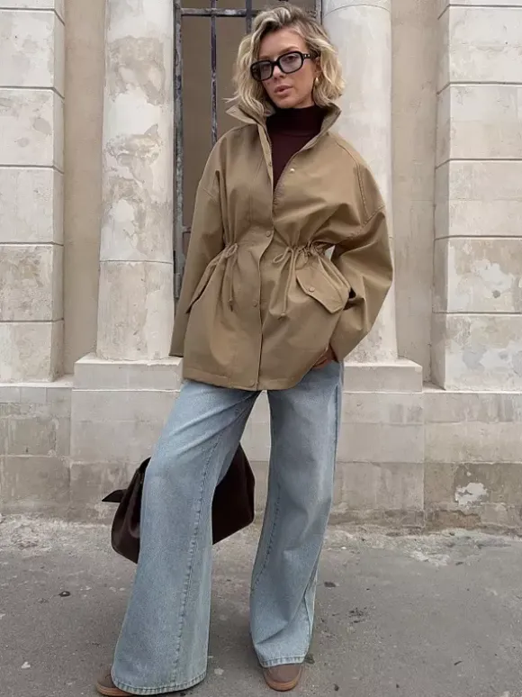 Pure Cotton Utility Jacket For Women - French Chic Drawstring Slim Fit Windbreaker - Spring Casual Outerwear 2026