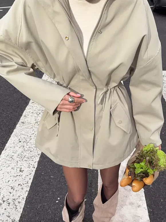 Pure Cotton Utility Jacket For Women - French Chic Drawstring Slim Fit Windbreaker - Spring Casual Outerwear 2026