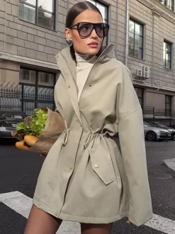 Pure Cotton Utility Jacket For Women - French Chic Drawstring Slim Fit Windbreaker - Spring Casual Outerwear 2026