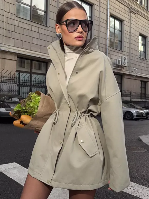 Pure Cotton Utility Jacket For Women - French Chic Drawstring Slim Fit Windbreaker - Spring Casual Outerwear 2026