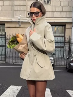 Pure Cotton Utility Jacket For Women - French Chic Drawstring Slim Fit Windbreaker - Spring Casual Outerwear 2026