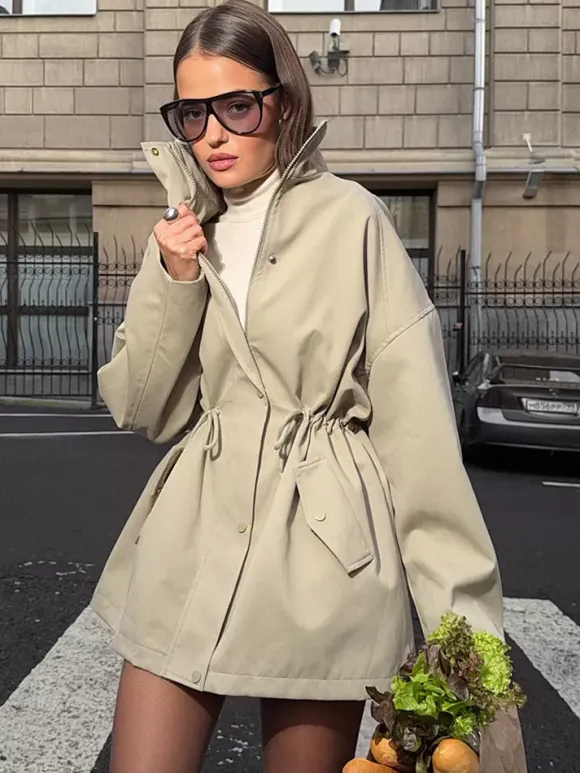 Pure Cotton Utility Jacket For Women - French Chic Drawstring Slim Fit Windbreaker - Spring Casual Outerwear 2026