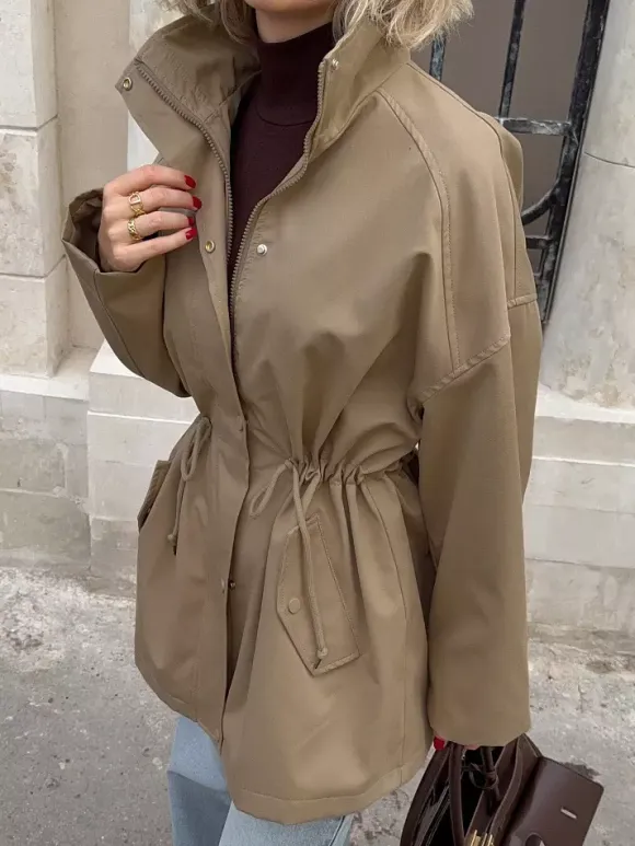 Pure Cotton Utility Jacket For Women - French Chic Drawstring Slim Fit Windbreaker - Spring Casual Outerwear 2026