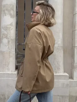 Pure Cotton Utility Jacket For Women - French Chic Drawstring Slim Fit Windbreaker - Spring Casual Outerwear 2026