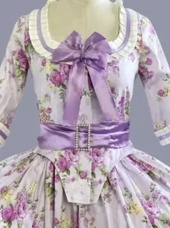 Purple Retro Tudor Dress Costumes Bows Polyester Floral Print Dress Women's Retro Marie Antoinette Costume Tunic Party Prom Dress