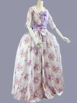 Purple Retro Tudor Dress Costumes Bows Polyester Floral Print Dress Women's Retro Marie Antoinette Costume Tunic Party Prom Dress