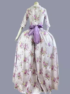 Purple Retro Tudor Dress Costumes Bows Polyester Floral Print Dress Women's Retro Marie Antoinette Costume Tunic Party Prom Dress