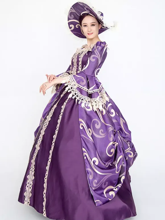 Purple Retro Costumes Women's Floral Print Lace Lace Ruffles Polyester Set Marie Antoinette Costume Dress Hat Vintage