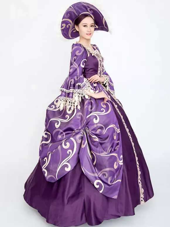 Purple Retro Costumes Women's Floral Print Lace Lace Ruffles Polyester Set Marie Antoinette Costume Dress Hat Vintage