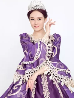 Purple Retro Costumes Women's Floral Print Lace Lace Ruffles Polyester Set Marie Antoinette Costume Dress Hat Vintage