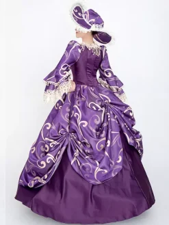 Purple Retro Costumes Women's Floral Print Lace Lace Ruffles Polyester Set Marie Antoinette Costume Dress Hat Vintage