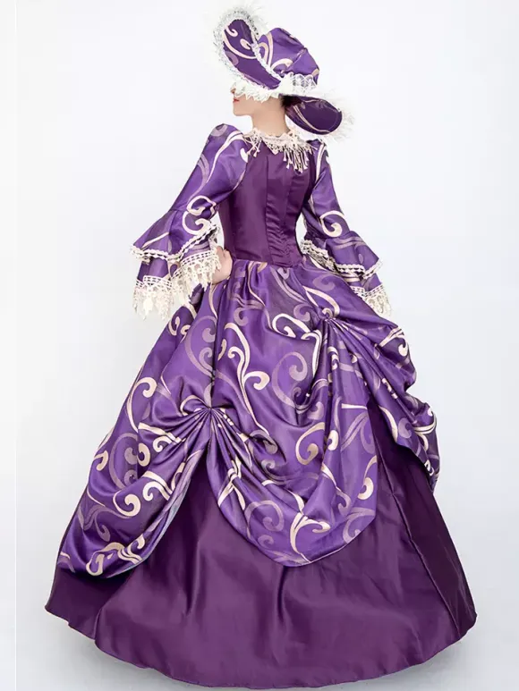 Purple Retro Costumes Women's Floral Print Lace Lace Ruffles Polyester Set Marie Antoinette Costume Dress Hat Vintage