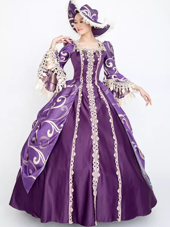 Purple Retro Costumes Women's Floral Print Lace Lace Ruffles Polyester Set Marie Antoinette Costume Dress Hat Vintage