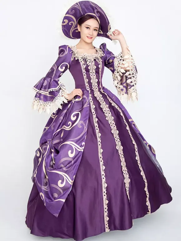 Purple Retro Costumes Women's Floral Print Lace Lace Ruffles Polyester Set Marie Antoinette Costume Dress Hat Vintage