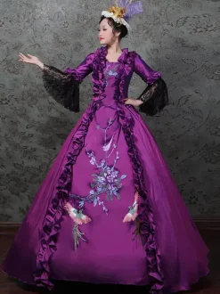 Purple Retro Costumes Women's Lace Ruffles Lace Marie Antoinette Costume Polyester Set Dress Hat Retro 18th Century Costume