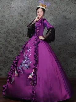 Purple Retro Costumes Women's Lace Ruffles Lace Marie Antoinette Costume Polyester Set Dress Hat Retro 18th Century Costume