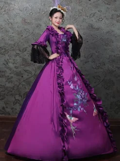 Purple Retro Costumes Women's Lace Ruffles Lace Marie Antoinette Costume Polyester Set Dress Hat Retro 18th Century Costume