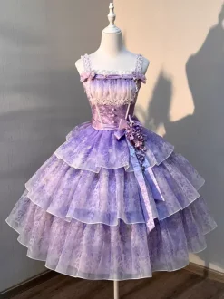 Purple Fairy Lolita Dresses Multi Ruffles Lace Bows Sleeveless Sweet Lolita Dress