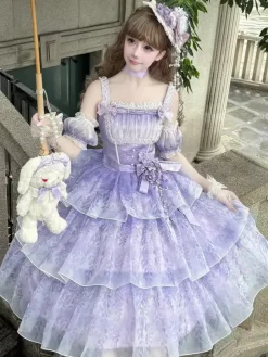 Purple Fairy Lolita Dresses Multi Ruffles Lace Bows Sleeveless Sweet Lolita Dress