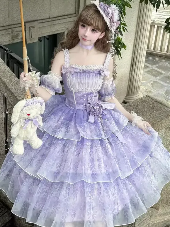Purple Fairy Lolita Dresses Multi Ruffles Lace Bows Sleeveless Sweet Lolita Dress