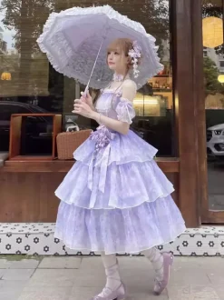 Purple Fairy Lolita Dresses Multi Ruffles Lace Bows Sleeveless Sweet Lolita Dress