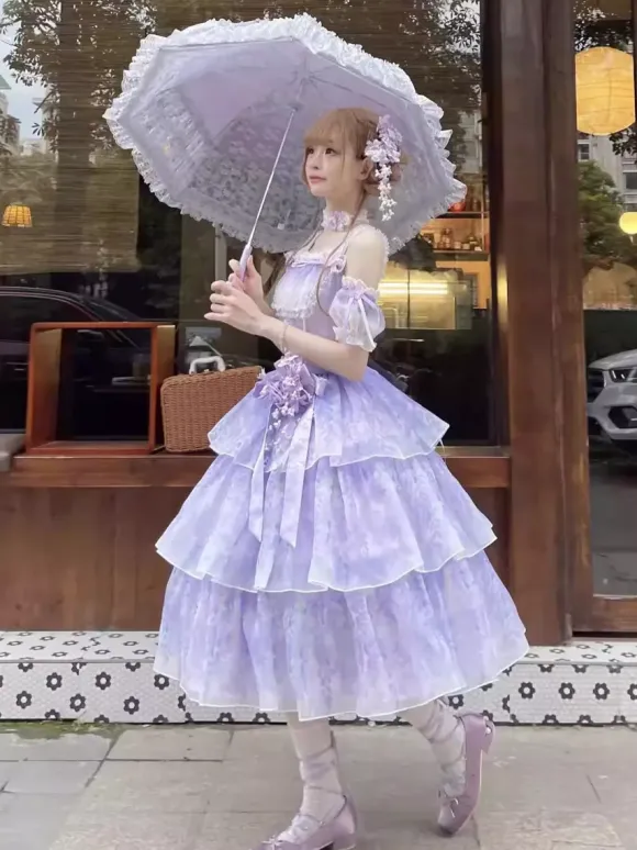 Purple Fairy Lolita Dresses Multi Ruffles Lace Bows Sleeveless Sweet Lolita Dress