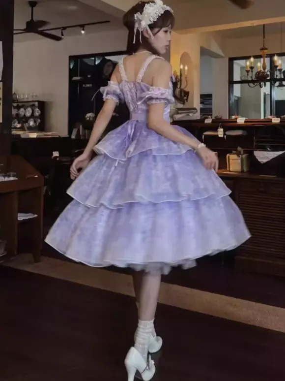 Purple Fairy Lolita Dresses Multi Ruffles Lace Bows Sleeveless Sweet Lolita Dress