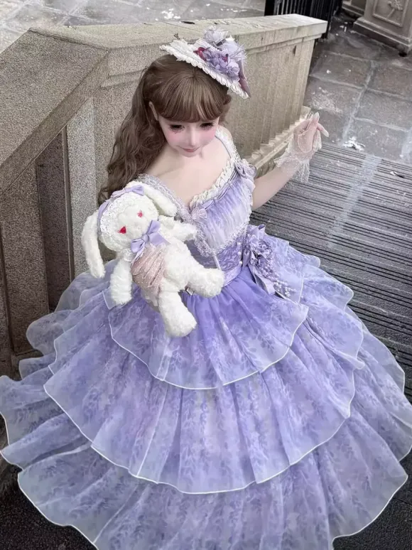Purple Fairy Lolita Dresses Multi Ruffles Lace Bows Sleeveless Sweet Lolita Dress