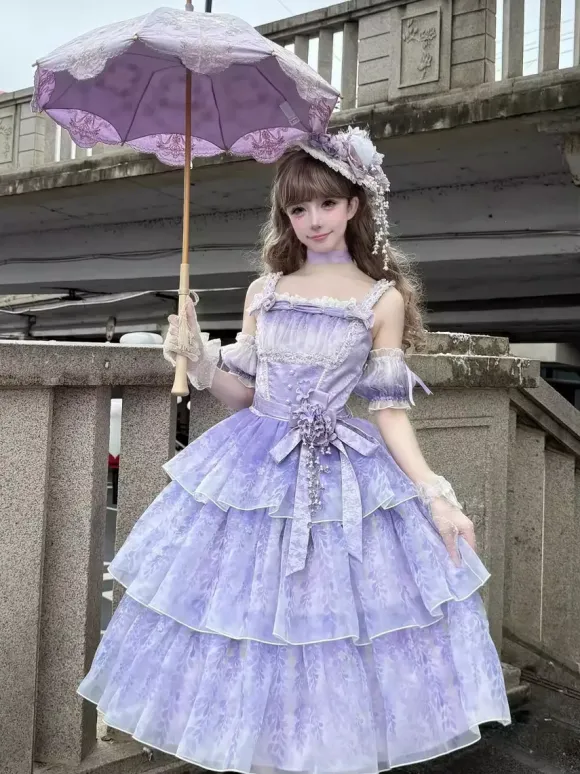 Purple Fairy Lolita Dresses Multi Ruffles Lace Bows Sleeveless Sweet Lolita Dress