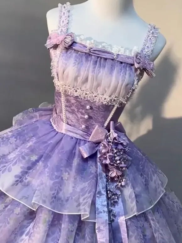 Purple Fairy Lolita Dresses Multi Ruffles Lace Bows Sleeveless Sweet Lolita Dress