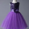 Purple Flower Girl Dresses Sequined Bodice Tulle Tutu Dress Sleeveless Flower Sash Short Kids Party Dress