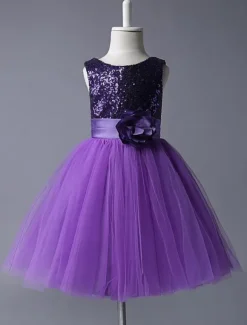 Purple Flower Girl Dresses Sequined Bodice Tulle Tutu Dress Sleeveless Flower Sash Short Kids Party Dress