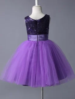 Purple Flower Girl Dresses Sequined Bodice Tulle Tutu Dress Sleeveless Flower Sash Short Kids Party Dress
