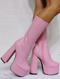 Purple Gogo Boots Sexy Platform Chunky Heel Mid Calf Boots Black