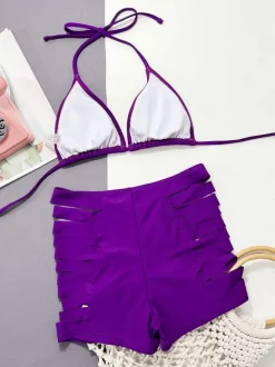Purple High Waist Boyshorts Cutout 2-Piece Swimsuit For Summer 2026