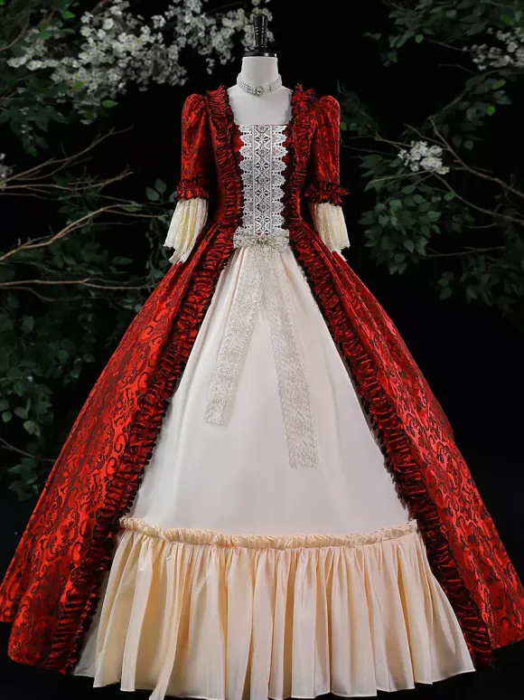 Purple Retro Tudor Dress Costumes Women's Ruffles Marie Antoinette Costume Polyester Dress ROCOCO Style 18th Century Costume Burgundy